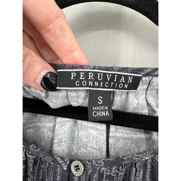 Peruvian Connection Top Womens Small Gray Tunic Boho Print Bohemian Long Sleeve - Picture 2 of 8